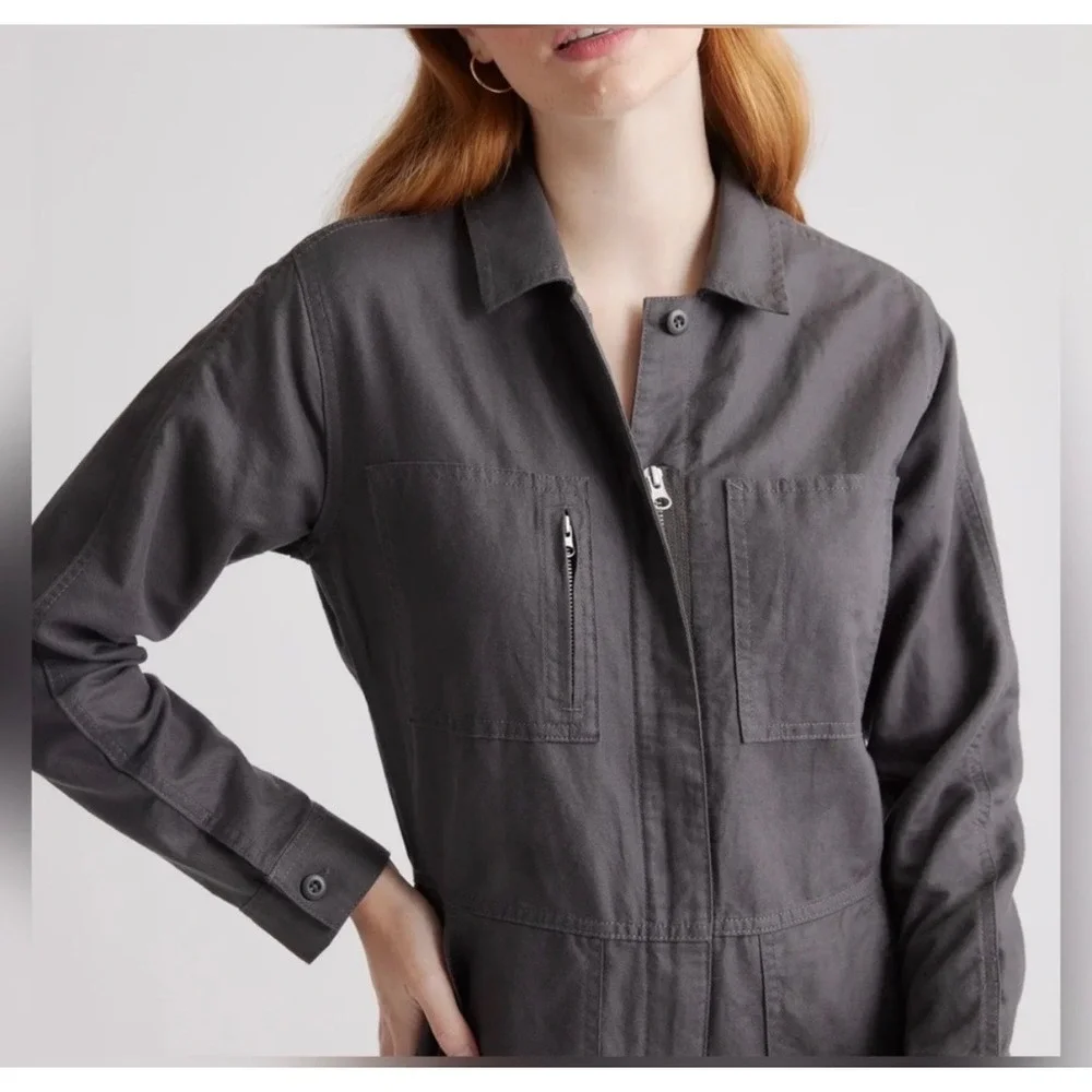 Quince Cotton Linen Twill Long Sleeve Coverall Jumpsuit Charcoal Grey XS